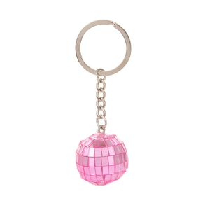 Pink disco ball keychain with reflective mirror facets and silver metal chain