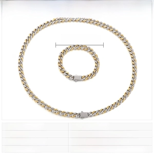 Détail de l'ensemble collier et bracelet gourmette bicolore en acier inoxydable de 8mm