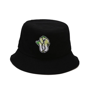 Black cotton bucket hat featuring a creative green cabbage embroidery on the front center