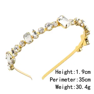 Elegant double-layer gold crown headband with emerald-cut and round clear zircons