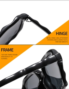 Detail of durable metal hinges and unique textured frame on black square sunglasses
