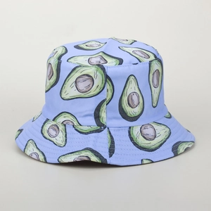 Detail of light blue sun hat featuring hand-painted avocado prints and fine stitching