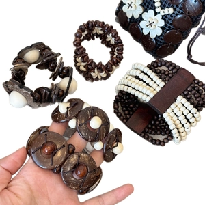Bohemian geometric wooden bead and coconut shell bracelet set in ethnic vintage style