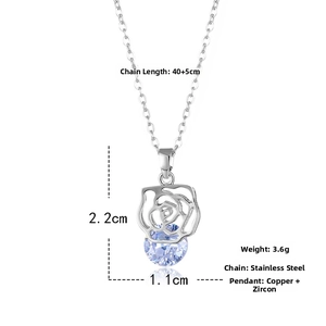 Detailed rose pendant with purple zircon showing dimensions 2.2cm x 1.1cm on 45cm chain