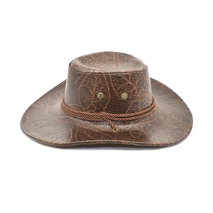 Dark brown cowboy hat with leaf texture embossing and braided rope trim on white background