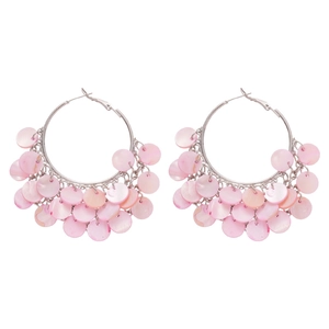 Pink shell disc tassel hoop earrings with silver pins for beach vacation style