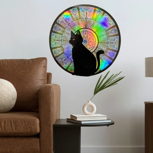 Holographic black cat suncatcher wall sticker with vibrant mandala rainbow pattern