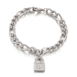 Bracelet à chaîne gourmette en acier inoxydable argenté avec pendentif cadenas minimaliste