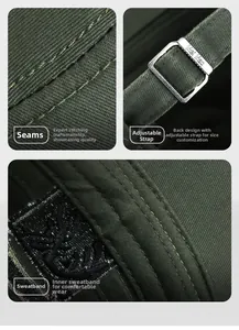Detailed view of military green outdoor cap featuring precision stitching and adjustable strap