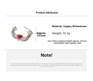 Detail view of multi-row rhinestone choker necklace with red heart pendant and dimensions