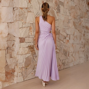 Lavender one-shoulder ruched maxi dress with side cutout detail, rear view on model