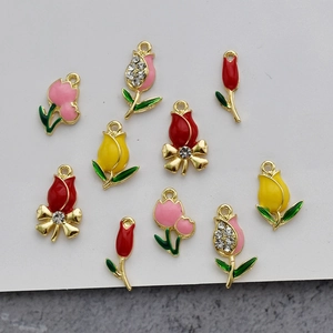 Enamel tulip and rose charms with rhinestones for DIY jewelry making in red and pink