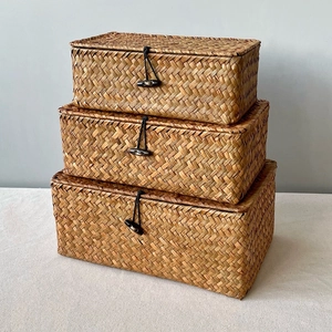 Handmade rectangular seagrass woven gift basket set with lid and button closure