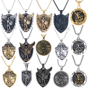 Archangel Michael Pendant Necklace Stainless Steel St Michael Shield Retro Hip Hop Men Religious Guardian Jewelry