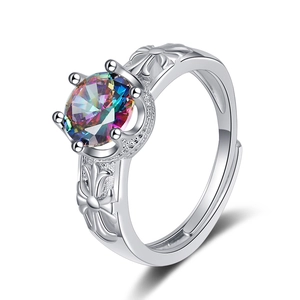 Vintage Adjustable Copper Open Ring Iridescent Round Zirconia Antique Finish Cross Pattern Women Fashion Jewelry Ring