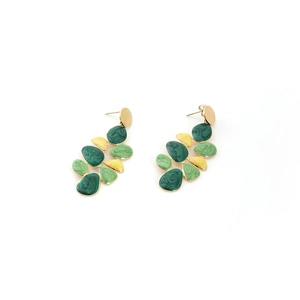 Chic gold-plated stainless steel leaf earrings with green enamel marble texture on white