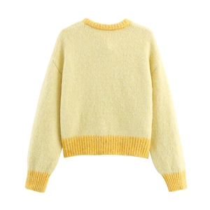 Chic women's round neck knit cardigan in soft light yellow with orange contrast ribbing