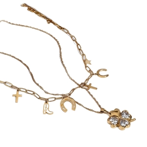 Gold plated stainless steel multi-layer necklace with clover and celestial charms