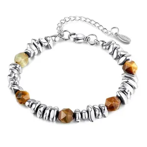 Stainless Steel Beaded Bracelet Natural Tiger Eye Stone Adjustable Extension Chain Geometric Fashion Jewelry For Men And Women