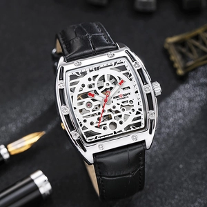 Luxury tonneau automatic mechanical watch with skeleton dial and black leather strap