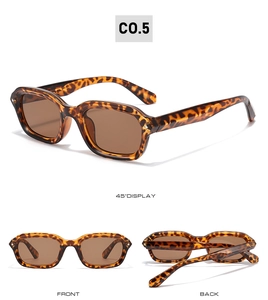 Three-view detail of leopard print square punk sunglasses with dark brown lenses
