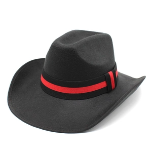 Detail of black wool felt jazz hat featuring a red and black striped elastic ribbon band
