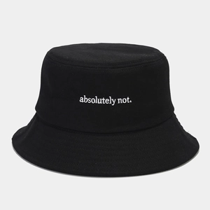 Close-up of 'absolutely not.' white embroidery on black cotton twill bucket hat