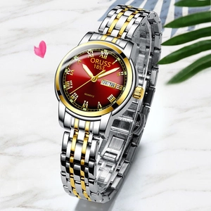 Elegant small gold and silver stainless steel watch with deep red dial for women