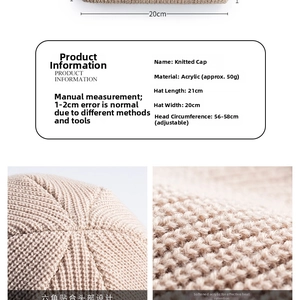 Detail view of acrylic knitted beanie showing dimensions and hexagon top fitting design