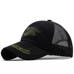 Tactical black mesh trucker hat with green Navy Seals trident embroidery for outdoor sports