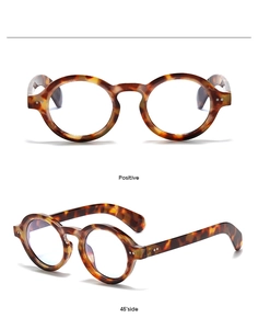 Detailed front and 45-degree side view of retro round tortoiseshell frames glasses
