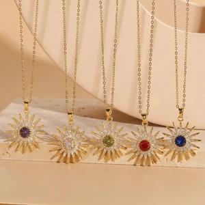 Sunflower Sunburst Pendant Necklace Copper 14K Gold Plated Cubic Zirconia Geometric Luxury Jewelry For Women