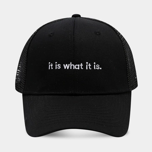 Detail of the high-quality 3D embroidery showing it is what it is on a black mesh hat