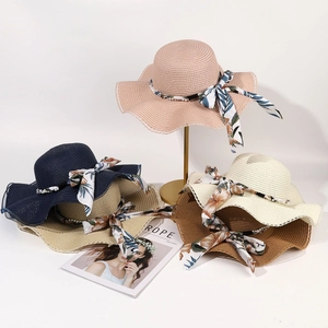 French style straw sun hats for women with pearl bands and floral ribbon bows