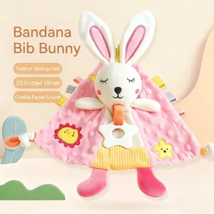 Baby soothing bunny security blanket with 3D dot fabric and star-shaped teether