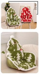 Close-up of Christmas tree shaped chair cushion with soft sherpa fleece and festive decor