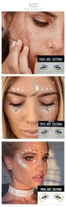 Detailed view of metallic gold and silver star moon freckle face tattoo stickers on models