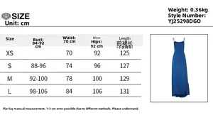 Detailed size chart for evening maxi dress featuring bust, waist and length in cm