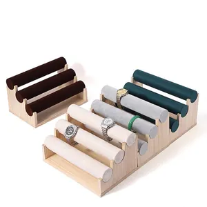 3-tier bamboo wood velvet jewelry stand for organizing bracelets and watches