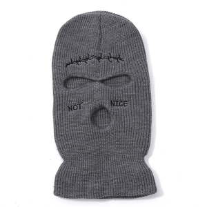 Grey 3-hole knitted balaclava with NOT NICE embroidery for cycling and hip-hop style