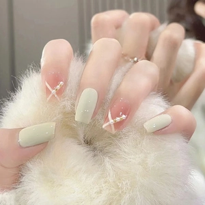 Press On Nails Long Square Oval Artificial Pearl Bead Ribbon Decor Mint Green Pink Sweet Elegant Artificial Fake Nails For Women