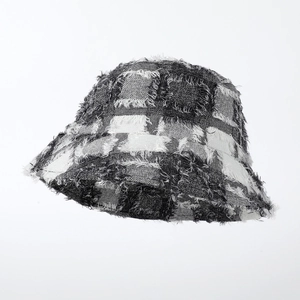 Frayed edge plaid bucket hat for women in black and white patchwork design