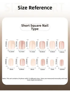 Guide des tailles pour faux ongles carrés courts avec 12 tailles et 24 pièces par set