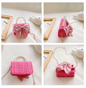 Multi-angle views of rose red tweed kids pearl handbag with a pink satin bow decoration