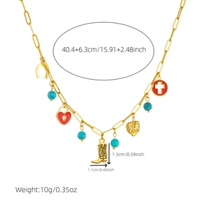 Gold stainless steel necklace with red heart lock, cowboy boot, and turquoise beads