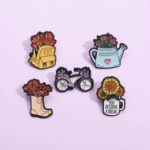 Cartoon Enamel Pins Flower Sunflower Bicycle Scooter Backpack Rain Boots Watering Can Mug Alloy Brooch Badges Jewelry Gift