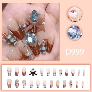 Blue and brown plaid press-on nails with 3D crystal hearts and elegant ribbon bows