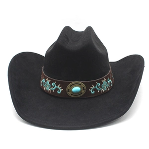 Détail d'un chapeau fedora noir avec boucle de style turquoise et ruban brodé ethnique