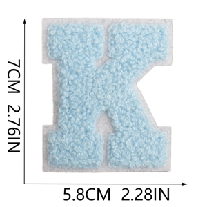 Detailed size view of blue chenille letter K patch with dimensions 7cm by 5.8cm