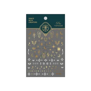 Golden sun and moon bohemian nail stickers M-067 with metallic foil and white patterns